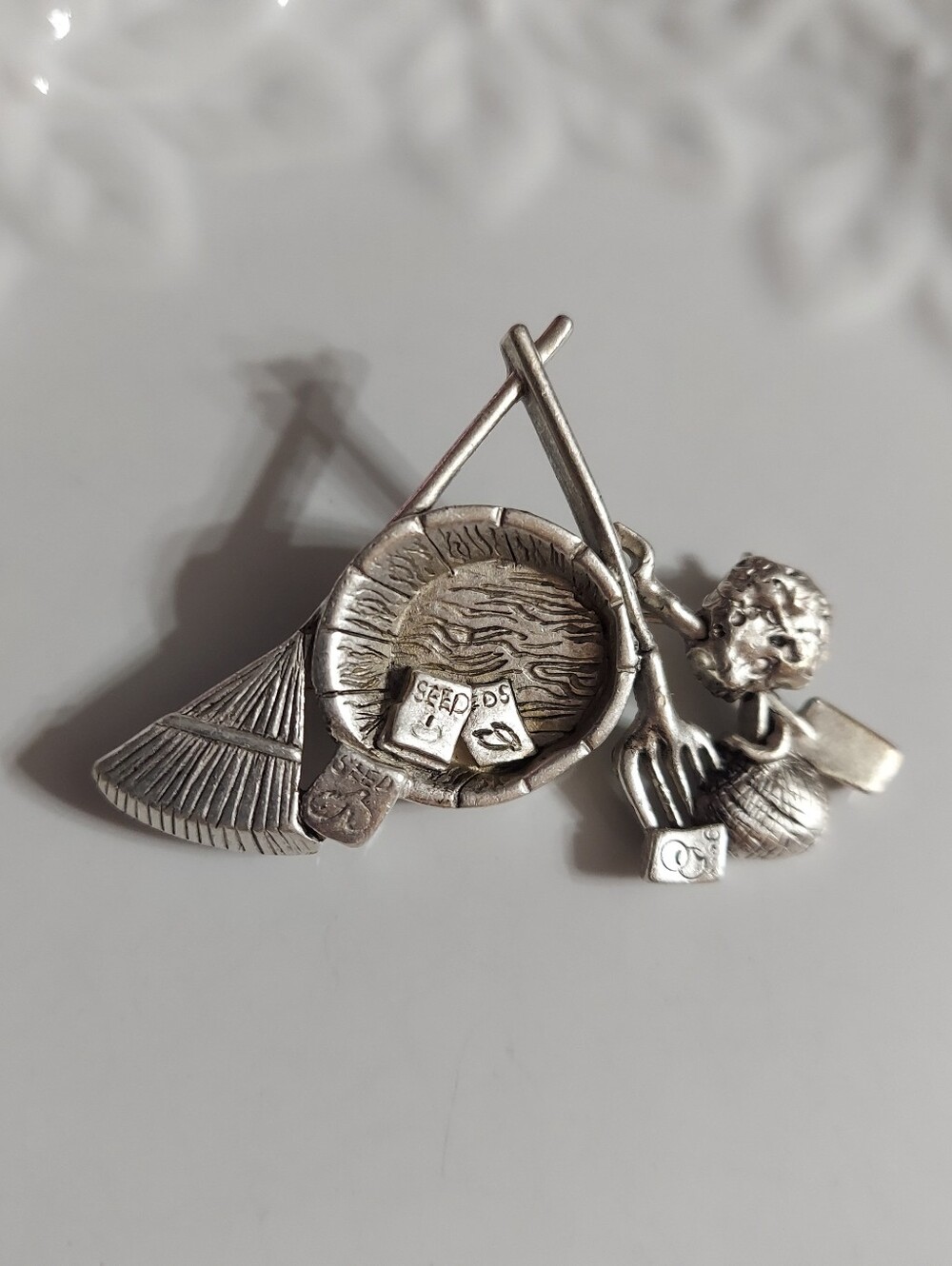 Vintage Danecraft Pewter-Matte Silver/Garden Party Tools Brooch/Pin - Picture 3 of 7
